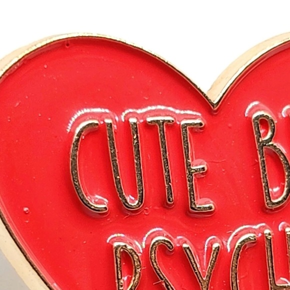 Cute but Psycho Heart Enamel Pin - Funny Red & Gold Brooch - Picture 4 of 8
